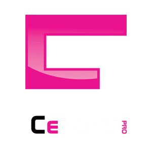 A pink and white logo for ceramic.