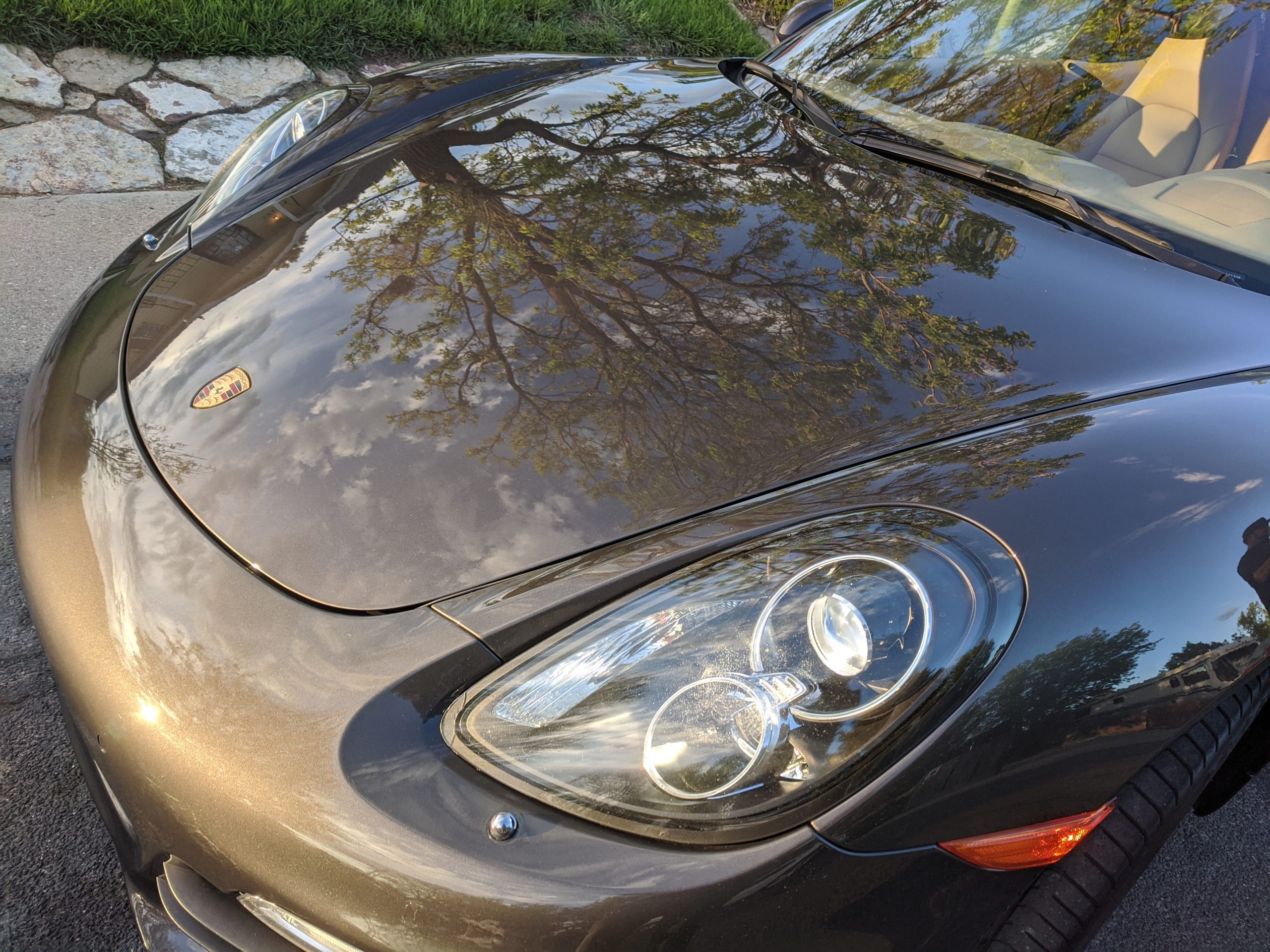 A close up of the hood on a car