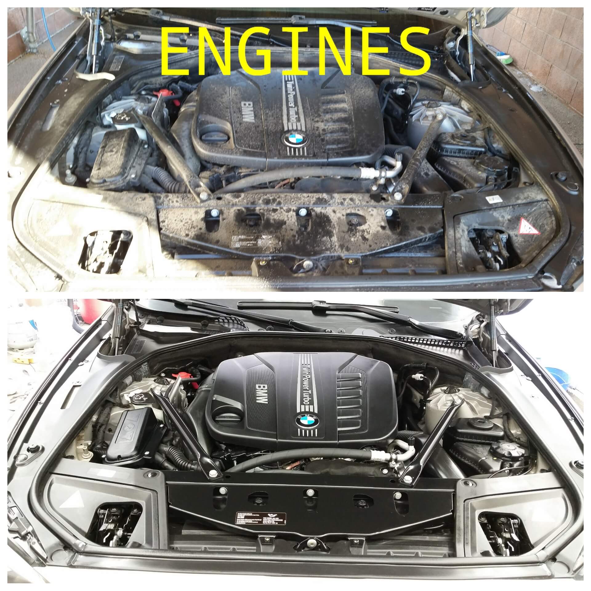 A car engine with the hood open and the engine bay cleaned.